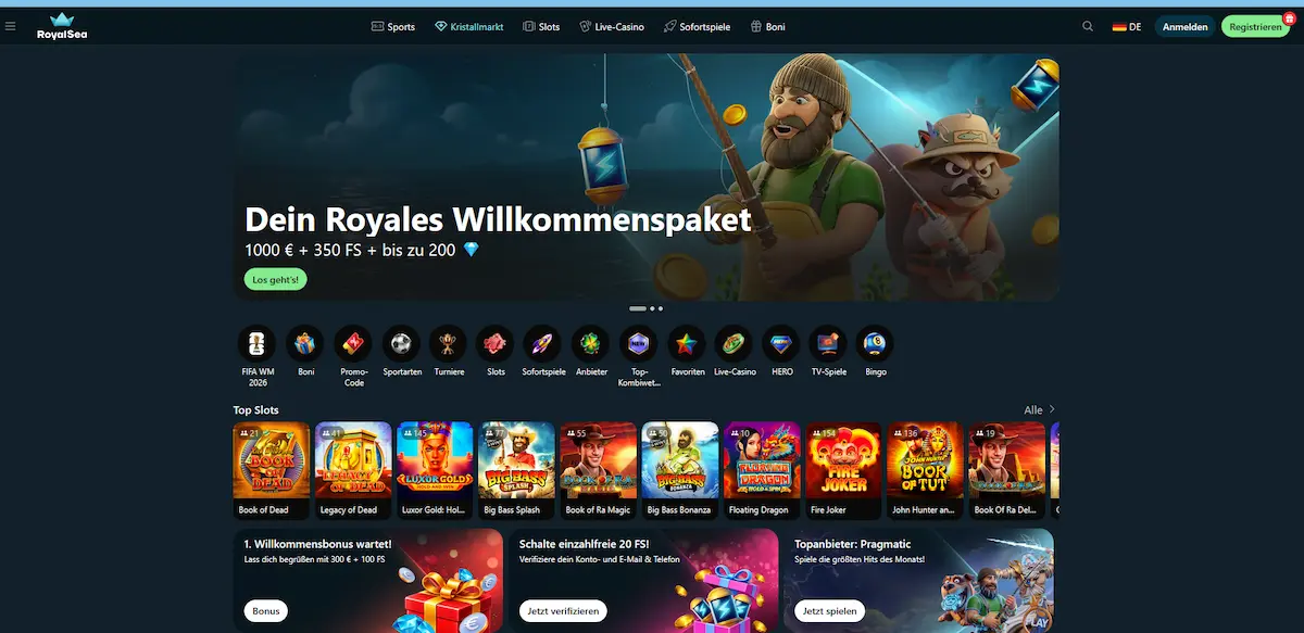 Royalsea Casino Startseite Startseite von Royalsea Casino mit Willkommenspaket und Spielkategorien