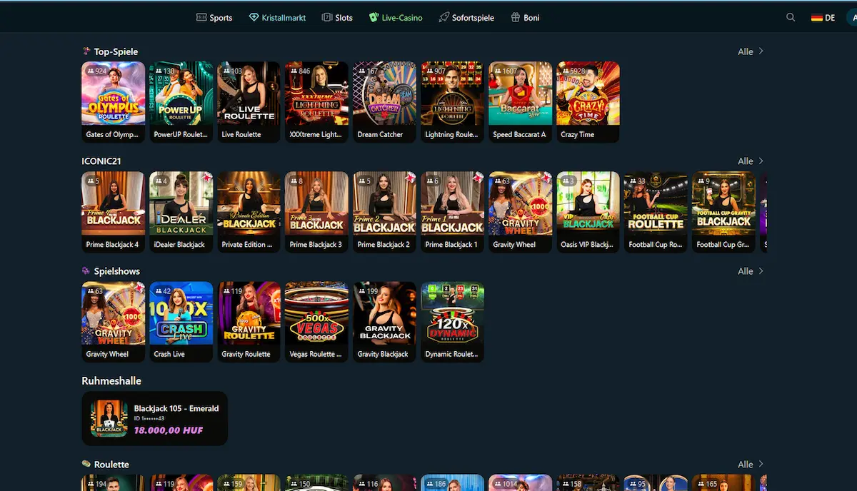 Live-Casino bei Royalsea Live-Casino-Lobby von Royalsea mit Spielshows und Tischspielen