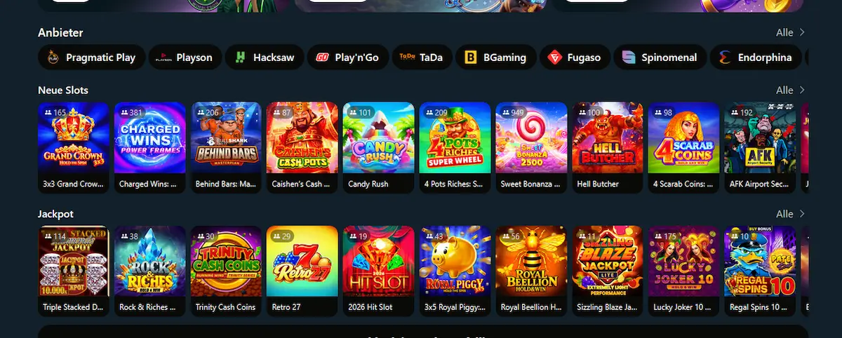 Slots bei Royalsea Casino Slot-Lobby von Royalsea Casino mit Anbietern und Jackpot-Spielen