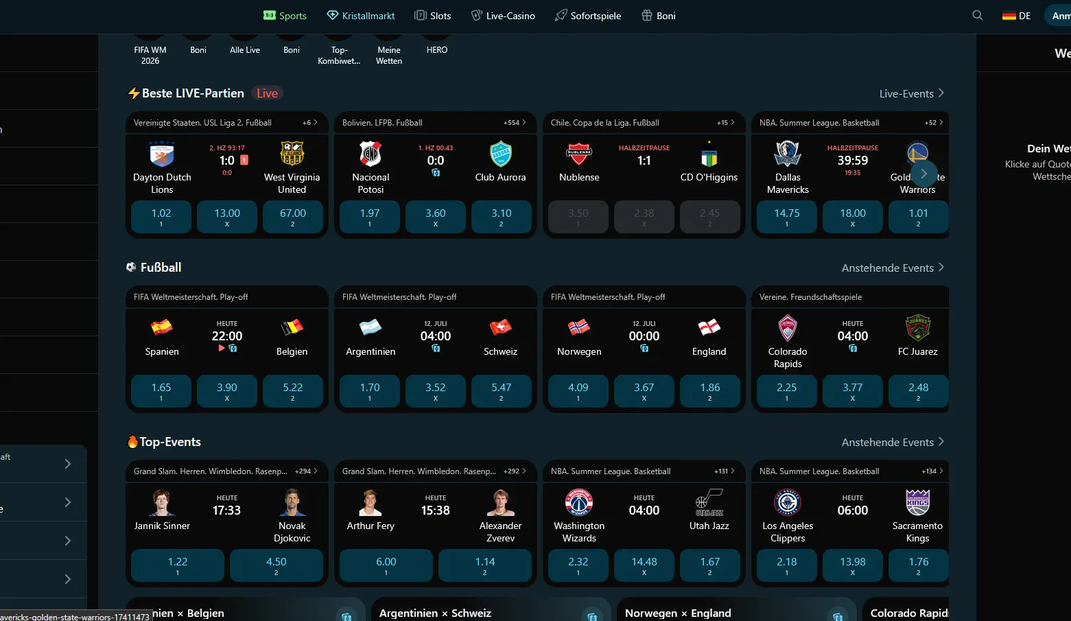 Sportwetten bei Royalsea Casino Sportwetten-Lobby von Royalsea mit Live-Partien und Top-Events